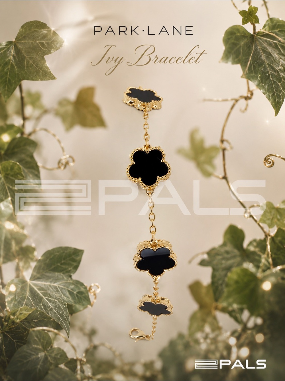 Park Lane Women’s Designer Inspired  Ivy Bracelet Gold Black Clover Link  NWT